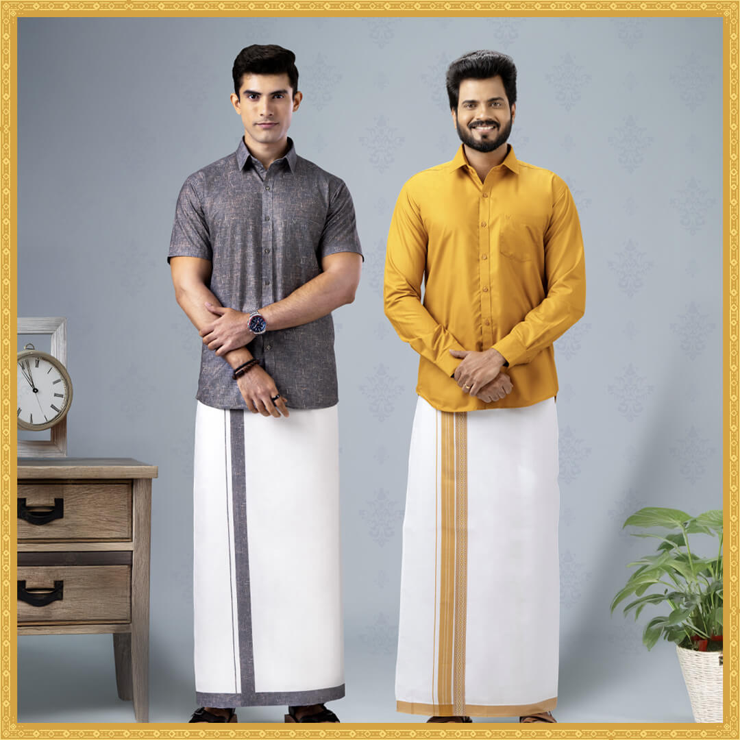 Minister White's Men's Printed Border Dhoti & Shirt Combo Collection