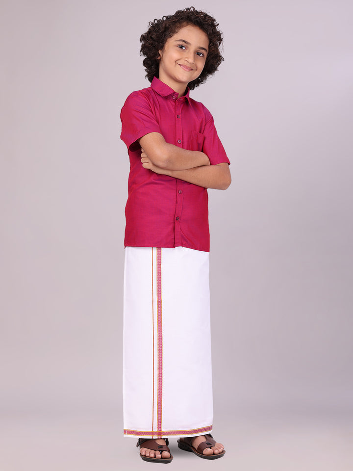 Boys Wine Matching Half Sleeves Shirt with Fancy Flexi Dhoti Combo side pose