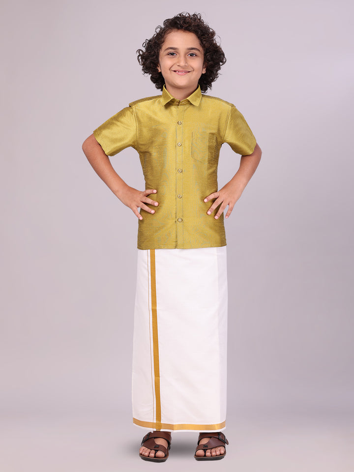 Boys Light Green Color Half Sleeves Shirt with Gold Jari Flexi Dhoti front pose