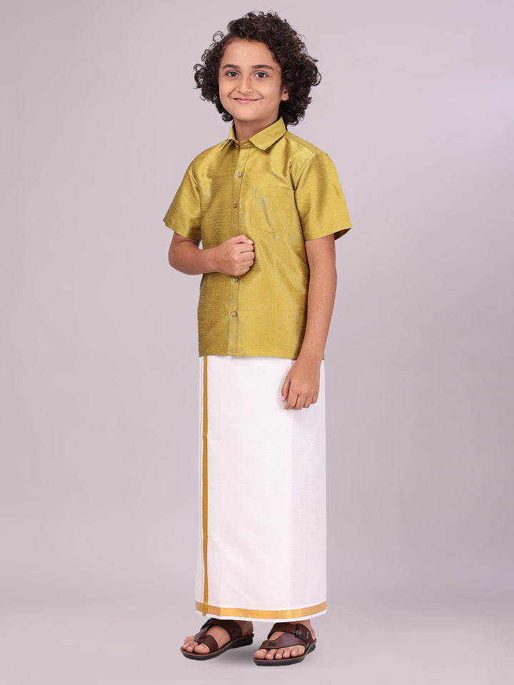 Boys Light Green Color Half Sleeves Shirt with Gold Jari Flexi Dhoti side pose