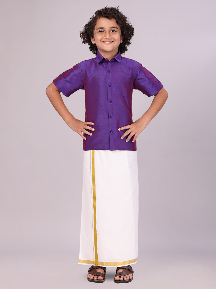 Boys Violet Color Half Sleeves Shirt with Gold Jari Flexi Dhoti