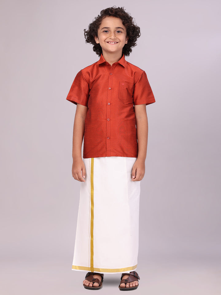 Boys Red Color Half Sleeves Shirt with Gold Jari Flexi Dhoti