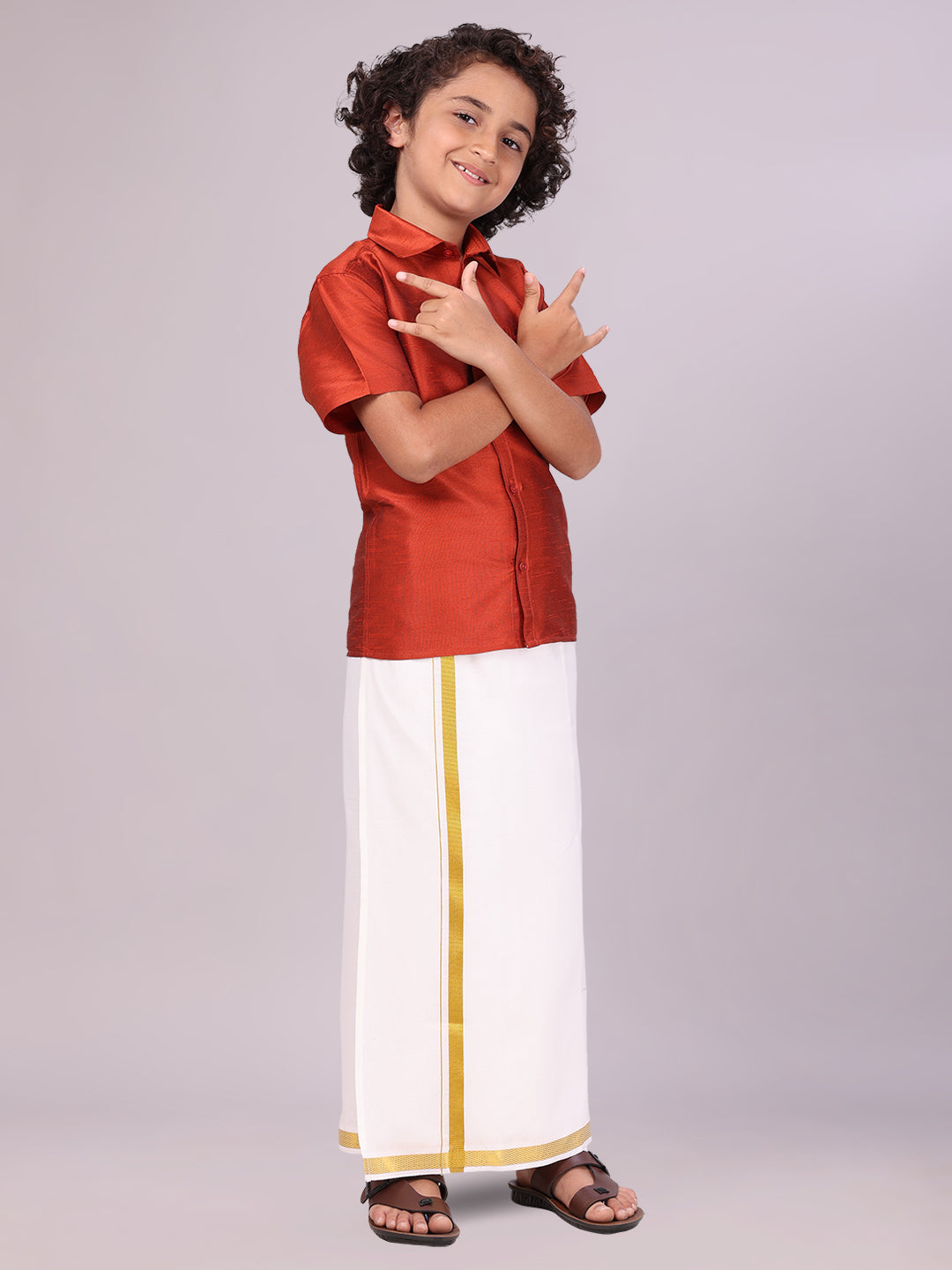 Boys Red Color Half Sleeves Shirt with Gold Jari Flexi Dhoti side pose