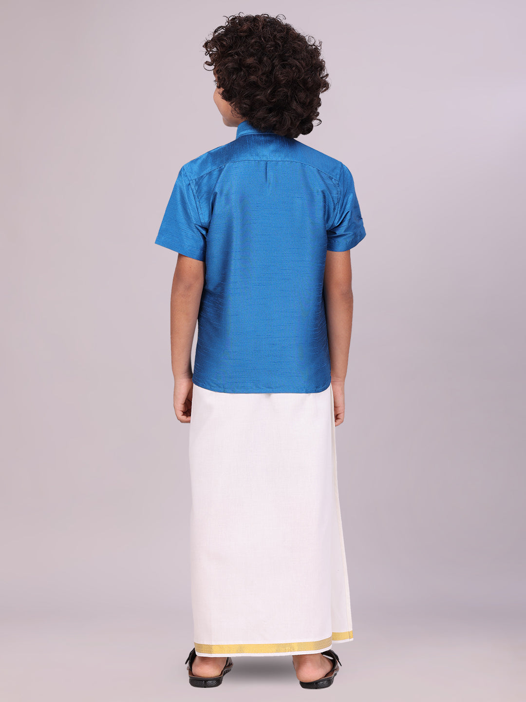 View details for Boys Blue Color Half Sleeves Shirt with Gold Jari Flexi Dhoti back pose
