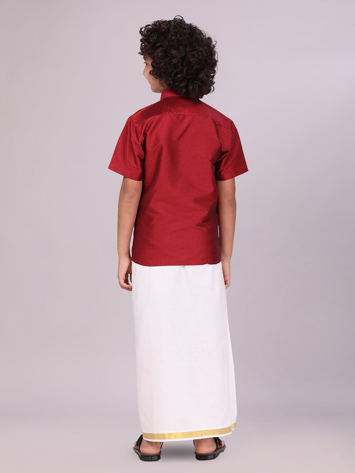 Boys Maroon Color Half Sleeves Shirt with Gold Jari Flexi Dhoti back pose