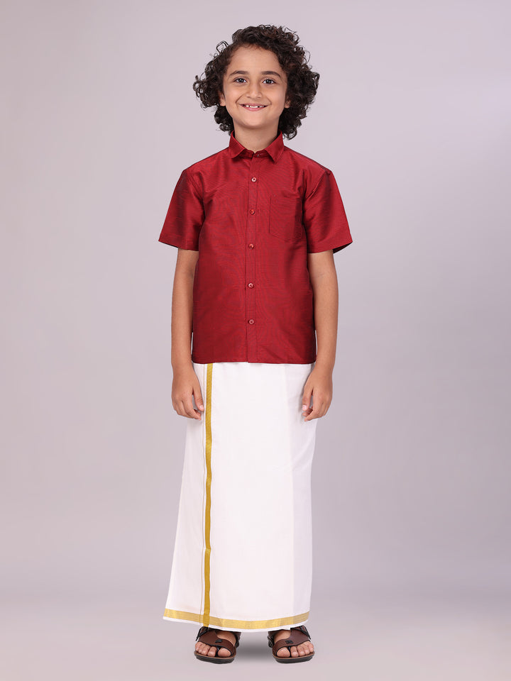 Boys Maroon Color Half Sleeves Shirt with Gold Jari Flexi Dhoti