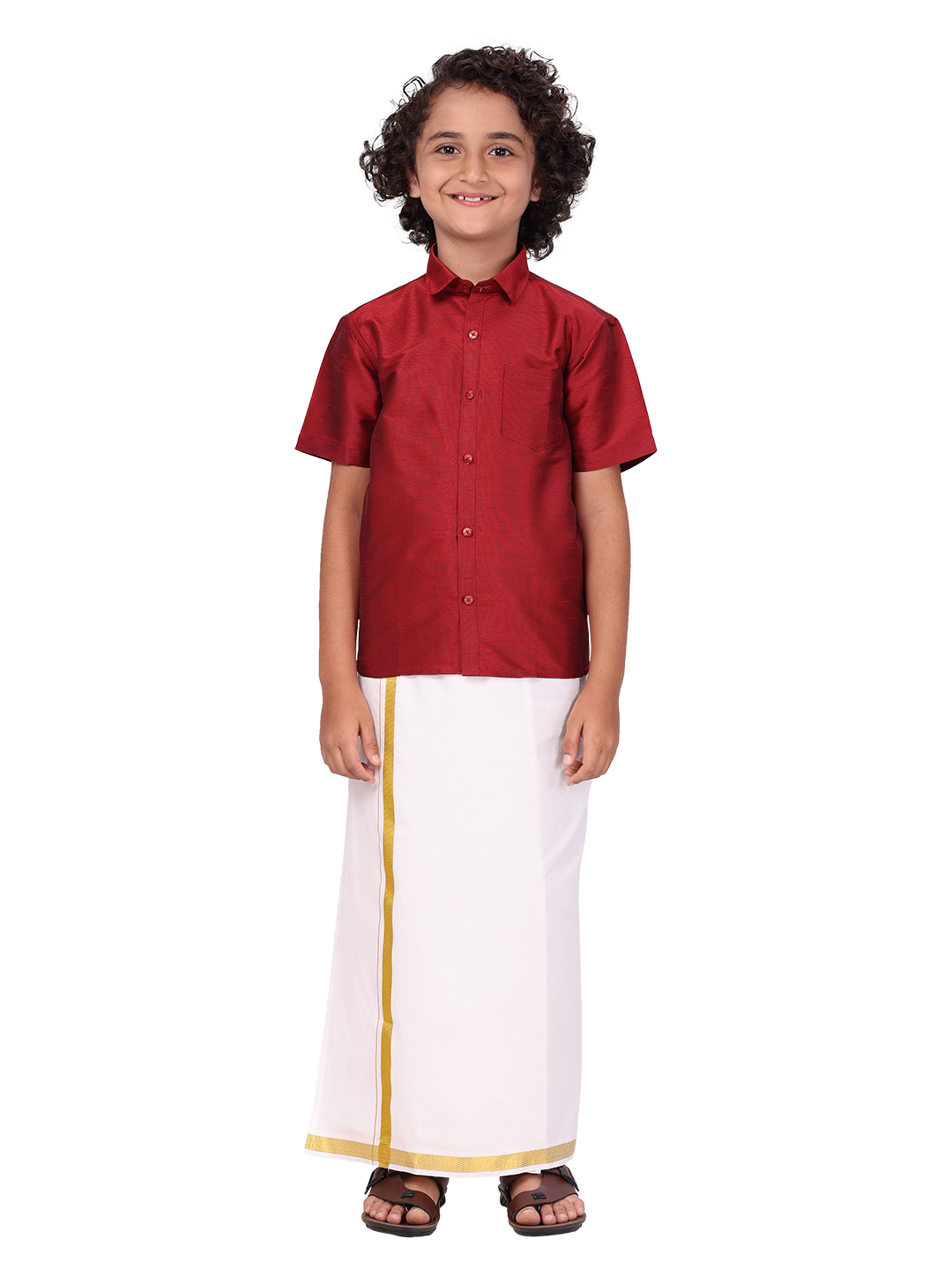 Boys Maroon Color Half Sleeves Shirt with Gold Jari Flexi Dhoti front pose