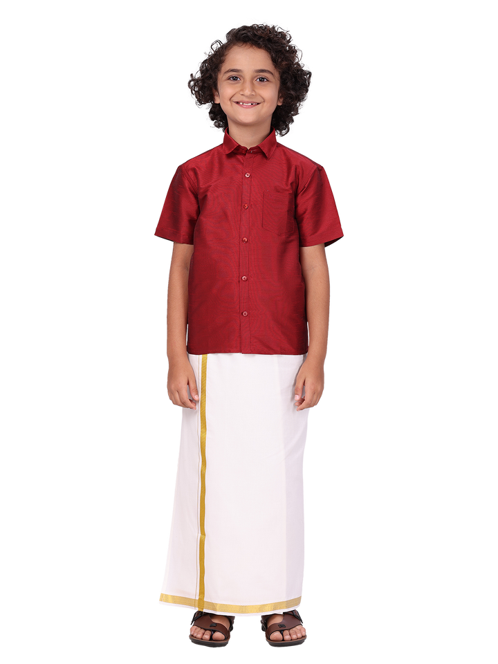 Boys Maroon Color Half Sleeves Shirt with Gold Jari Flexi Dhoti front pose