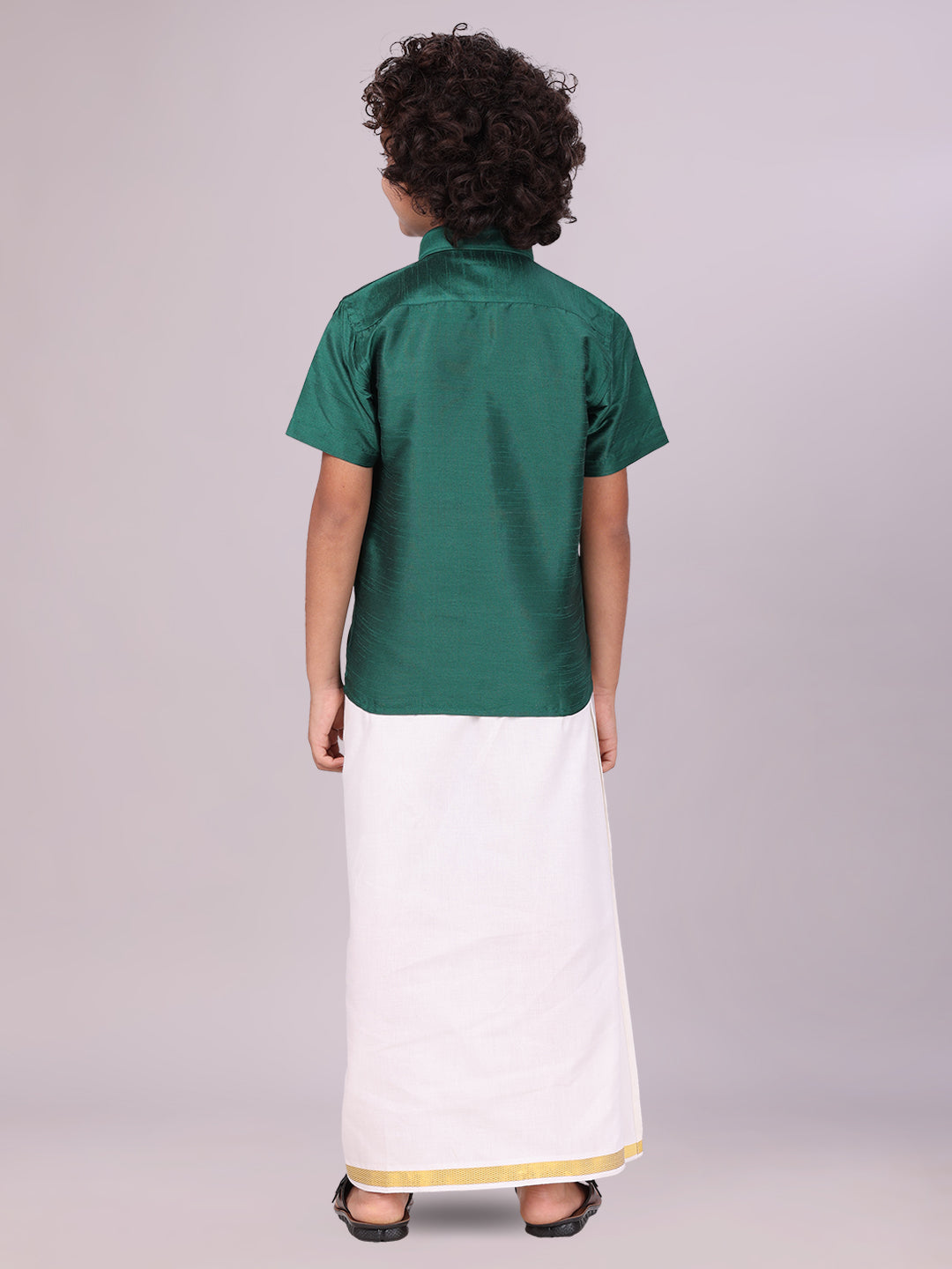 Boys Green Color Half Sleeves Shirt with Gold Jari Flexi Dhoti back pose