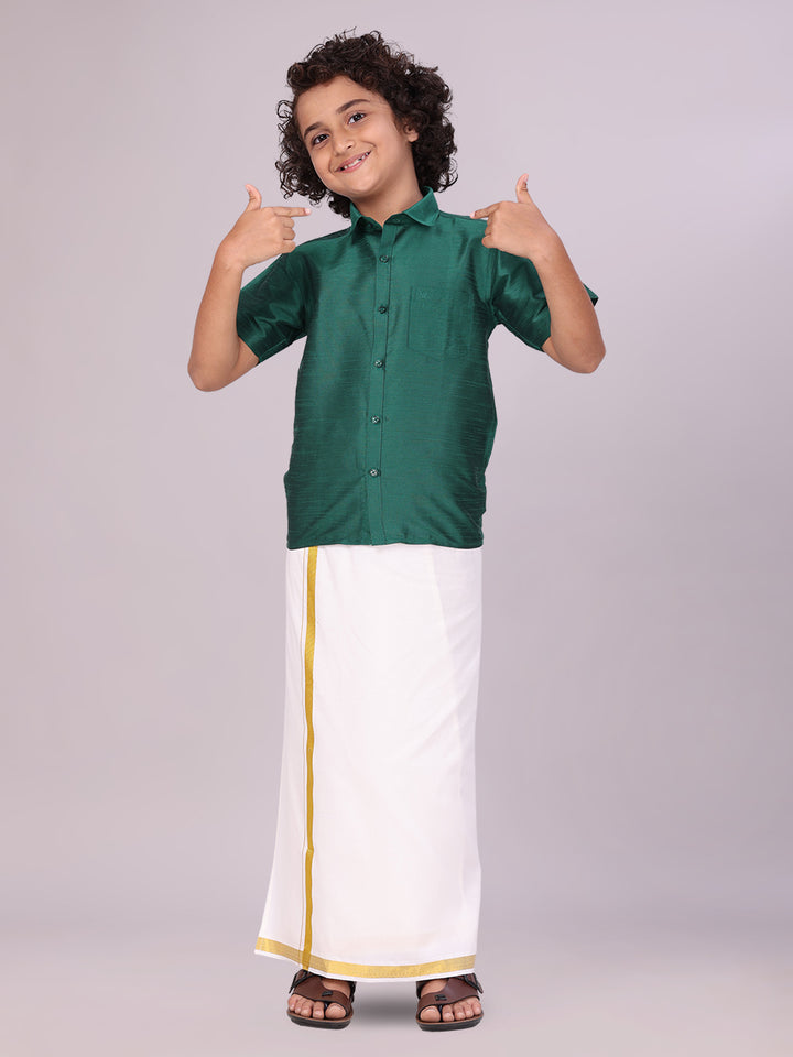 Boys Green Color Half Sleeves Shirt with Gold Jari Flexi Dhoti side pose