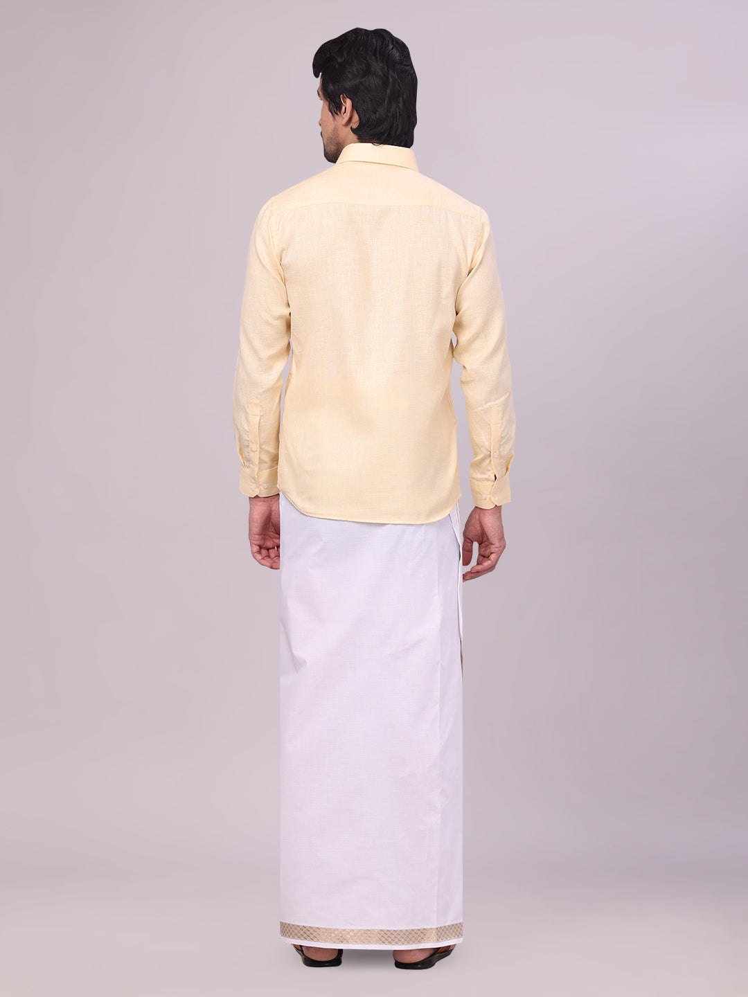 Men's Sandal Shirt with Matching jacquard Weave Border Dhoti Combo Marsh back pose