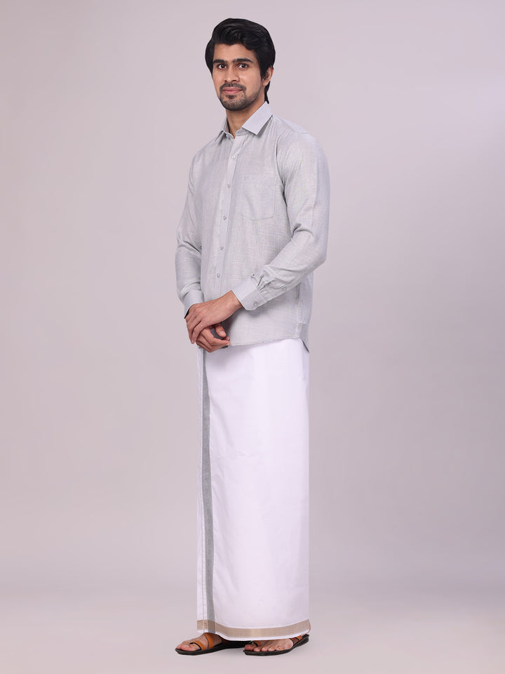 Men's Light Grey Shirt with Matching jacquard Weave Border Dhoti Combo Marsh side pose