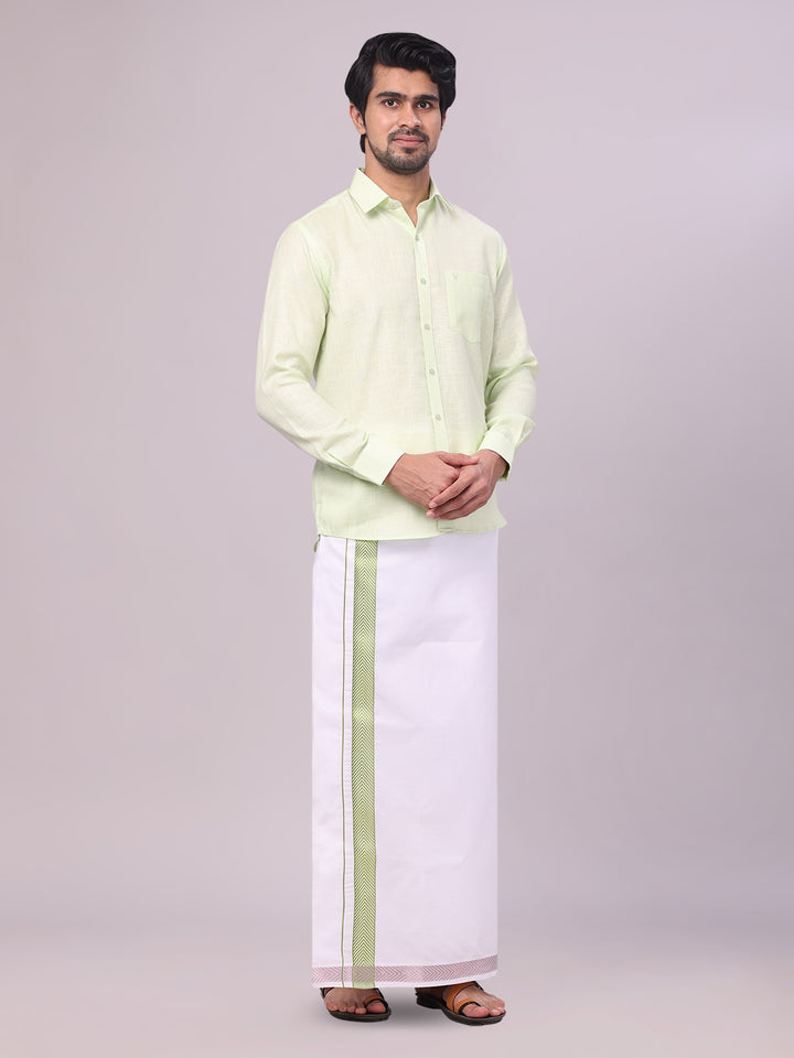 Men's Pastel Green Shirt with Matching jacquard Weave Border Dhoti Combo Marsh side pose