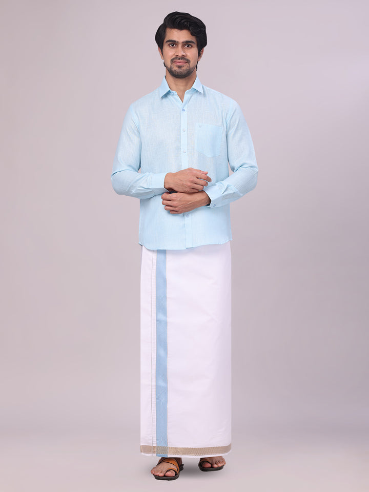 Men's Light Blue Shirt with Matching jacquard Weave Border Dhoti Combo Marsh