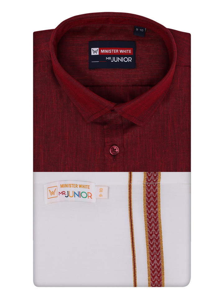 Boys Matching Half Sleeves Shirt with Flexi Dhoti Combo Maroon Polite Boy by Minister White
