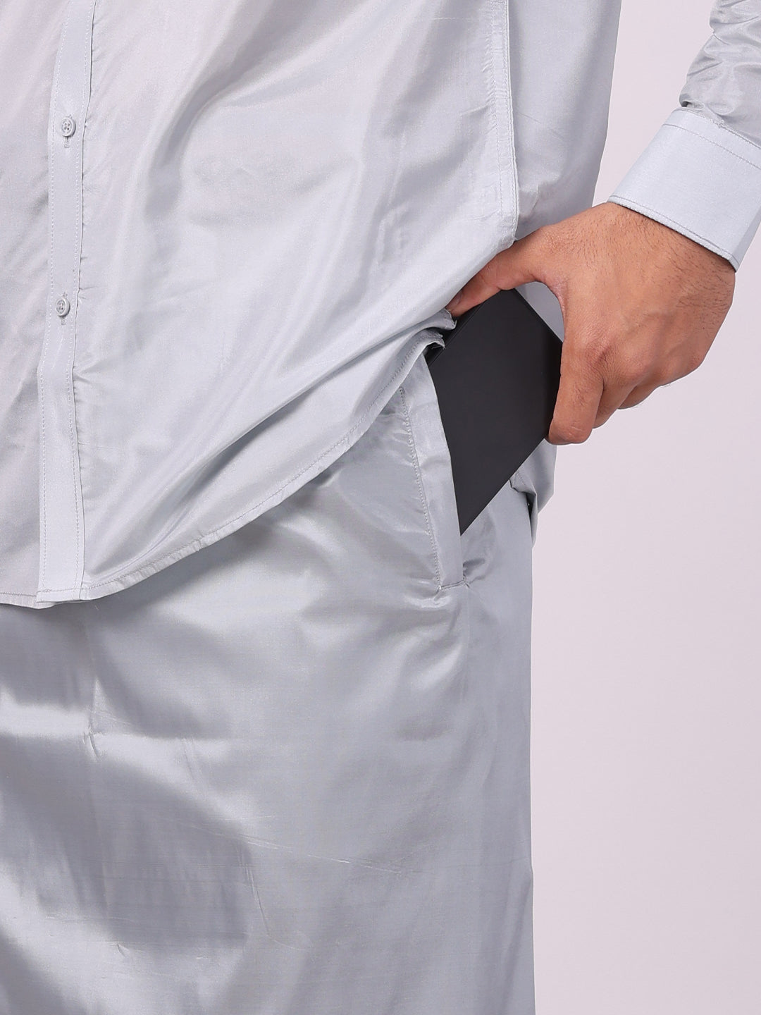 Men's Art Silk Steel Grey Full Sleeves Shirt with Silver Jari Border Flexi Dhoti Combo Finesse