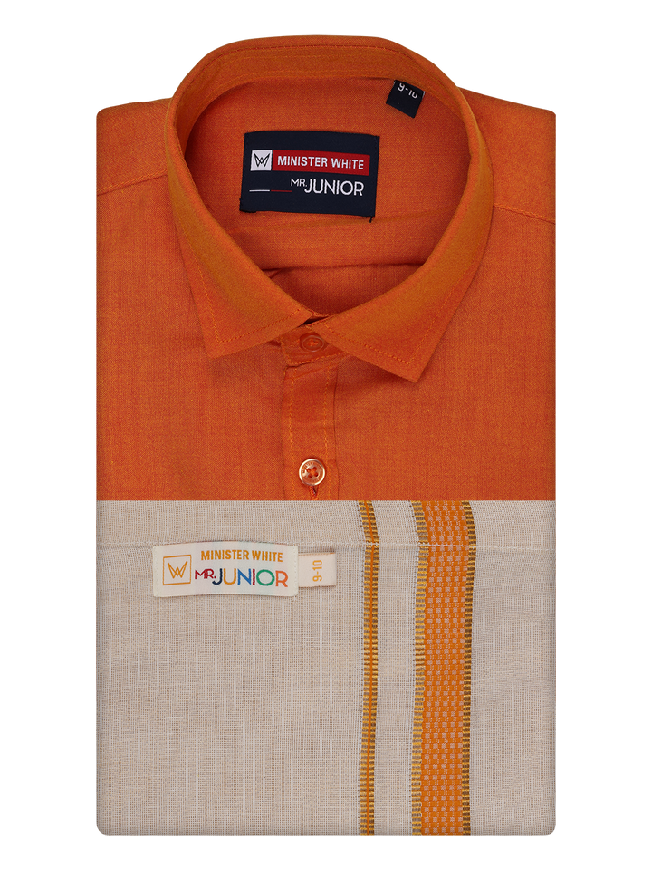 Kids Cotton Orange Shirt with Tissue Matching Border Dhoti Combo