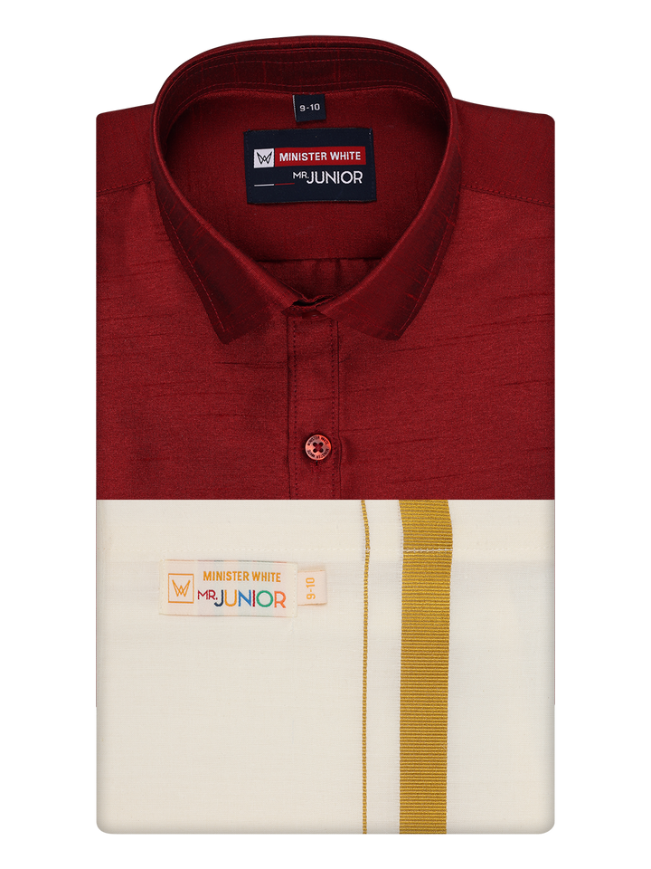Boys Maroon Color Half Sleeves Shirt with Gold Jari Flexi Dhoti Adorable Boy by Minister White 1