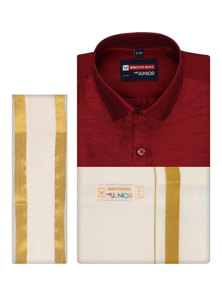 Boys Maroon Color Half Sleeves Shirt with Gold Jari Flexi Dhoti Adorable Boy by Minister White