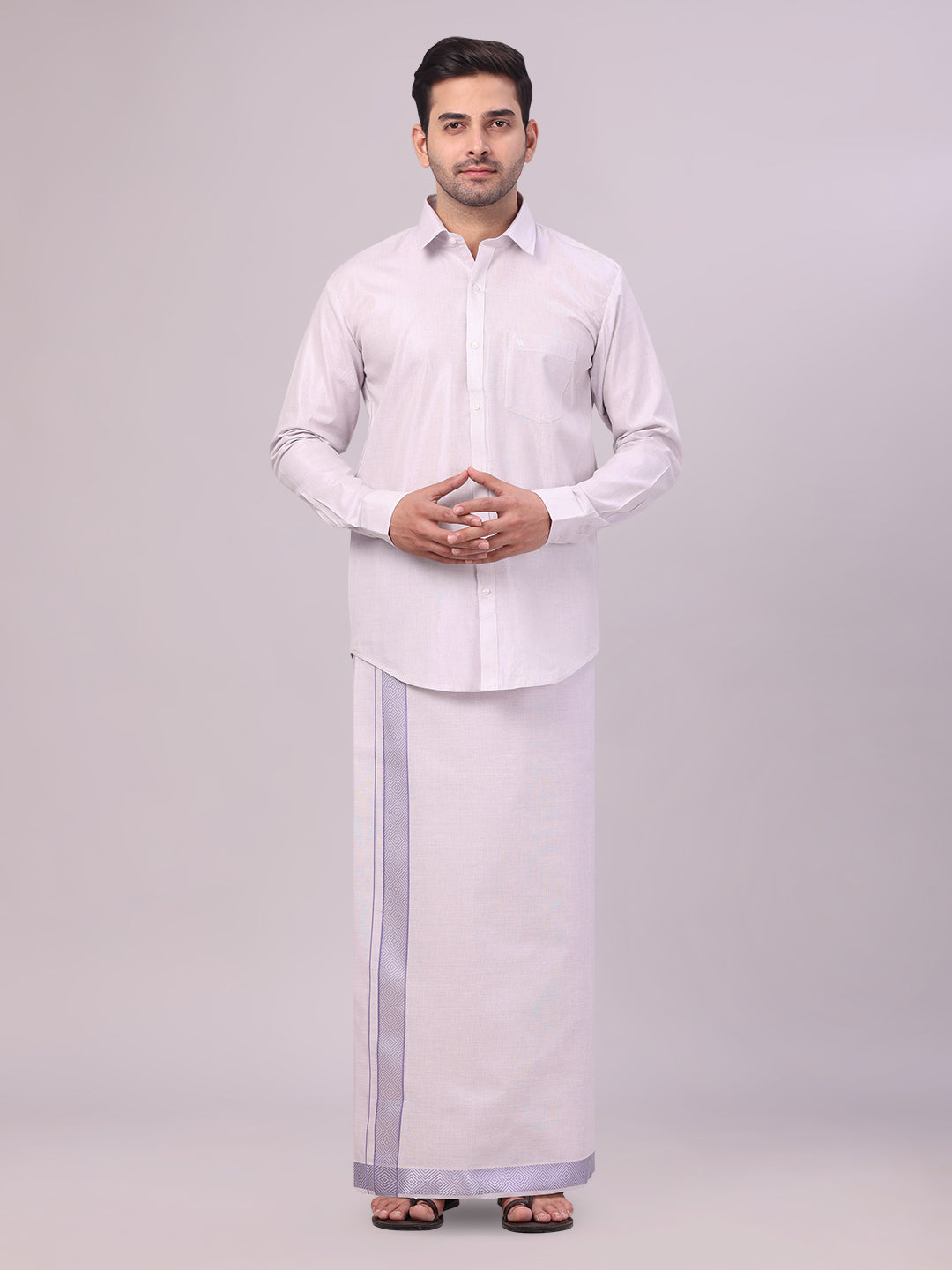 Men's Lavender Tissue Shirt and Dhoti Set with Intricate Jacquard Border Plum