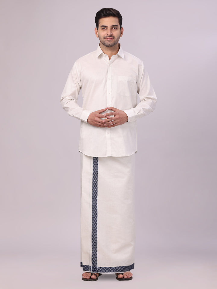 Men's Silver Tissue Stripe Shirt and Dhoti Combo with Jacquard Border Kane
