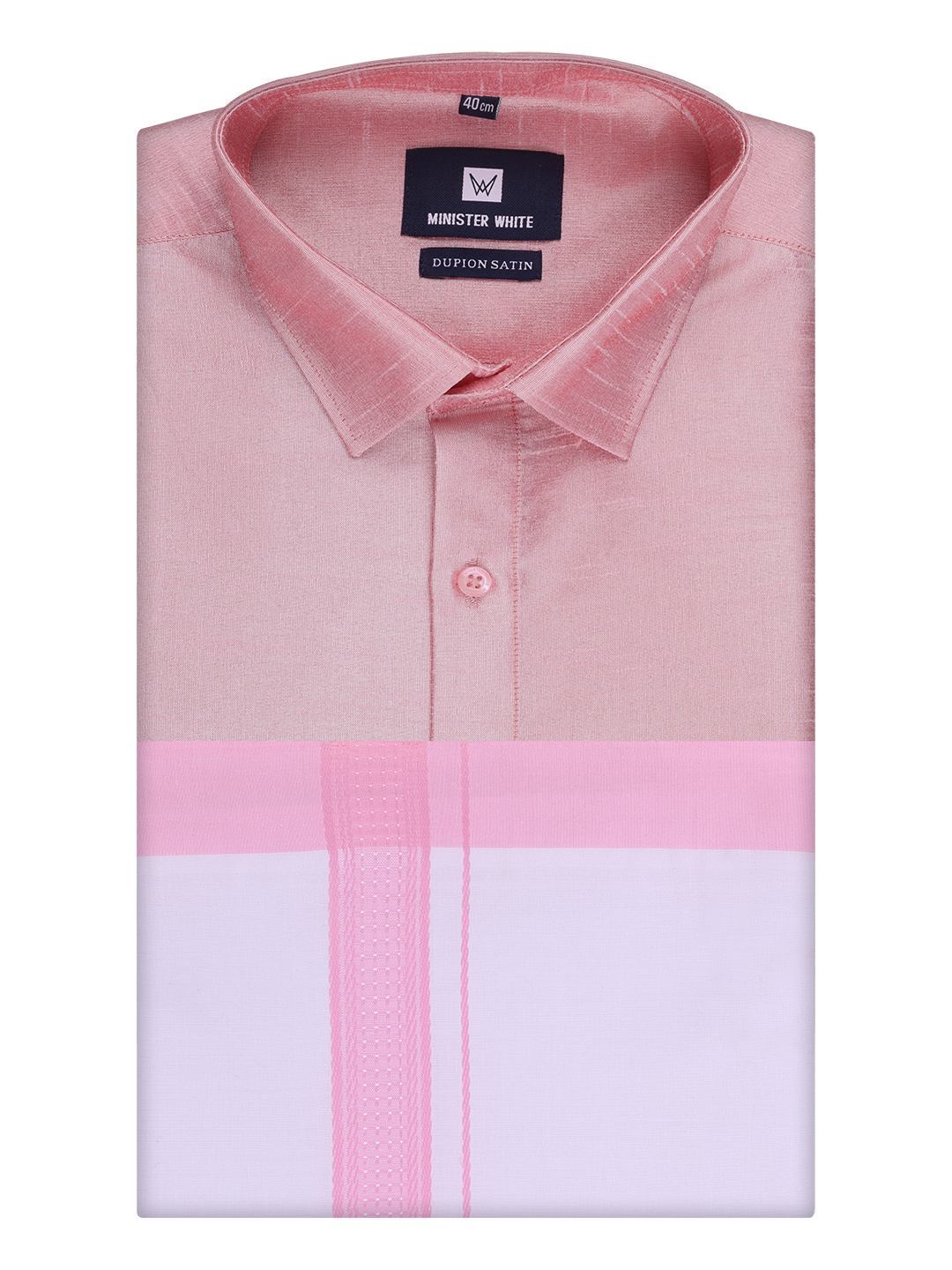 Mens Light Pink Dupion Satin Shirt with Matching Border Dhoti Combo Gora by Minister White