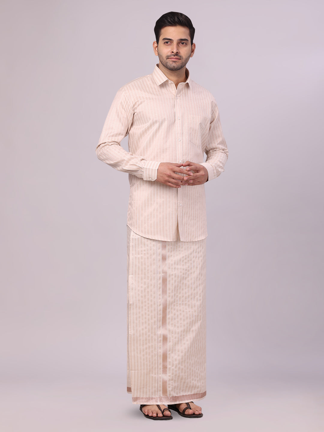 Men's Tissue Stripes Almond Shirt & Jari Border Flexi Dhoti Wedding Combo Finely