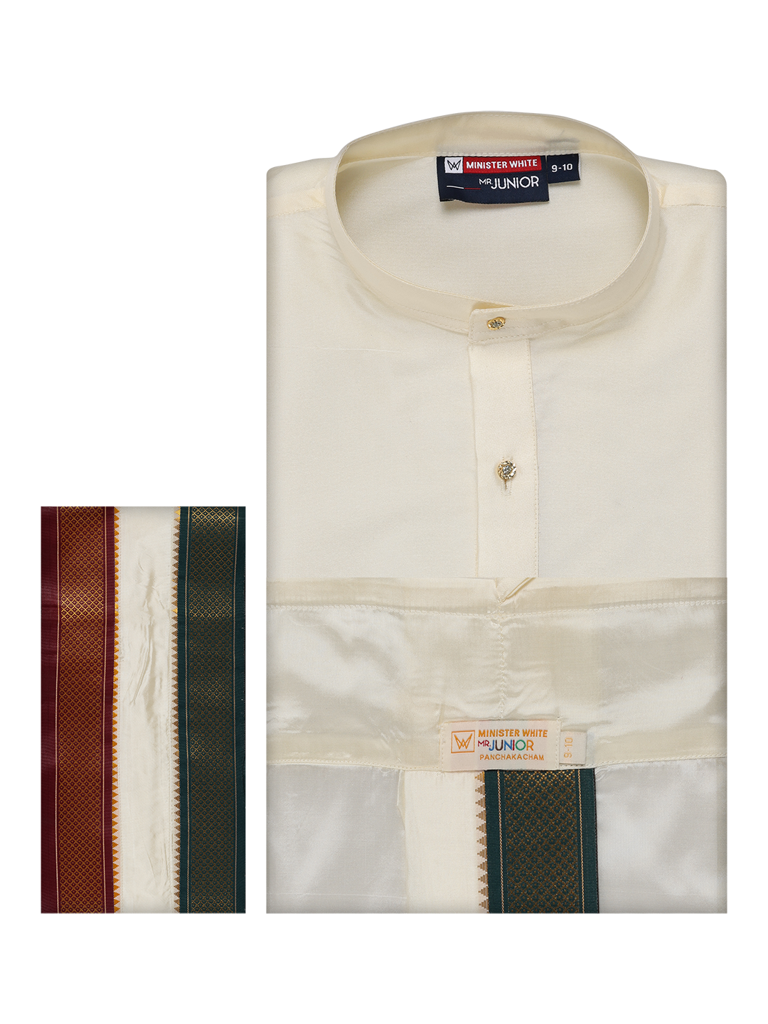 Boys Art Silk Cream Kurta Readymade Mayilkhan Border Panchakacham Combo Zale by Minister White 1