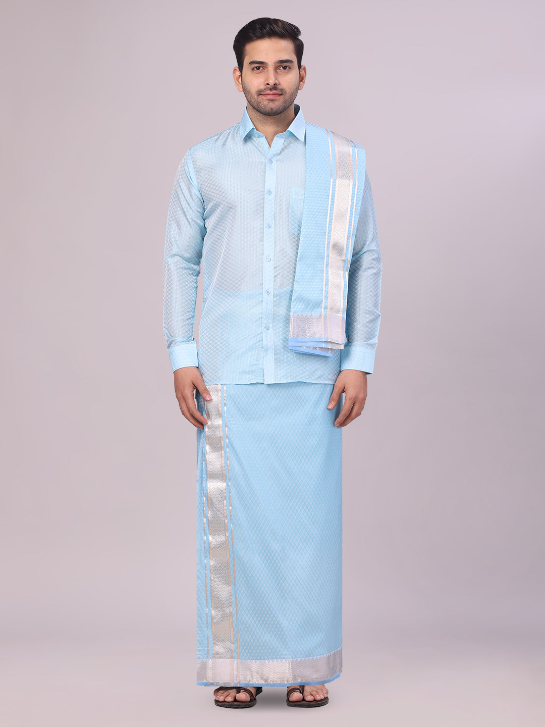 Men's Art Silk Sky Blue Jacquard Full Sleeves Shirt with 2 1/2" Jari Border & Towel Dhoti Combo Nautica