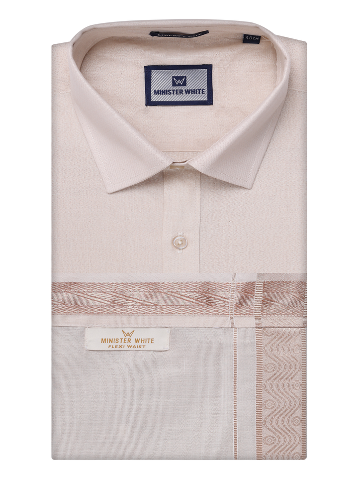 Mens Tissue Light Copper Shirt with Jacquard Fancy Border Flexi Dhoti Wedding Combo Nios by Minister White