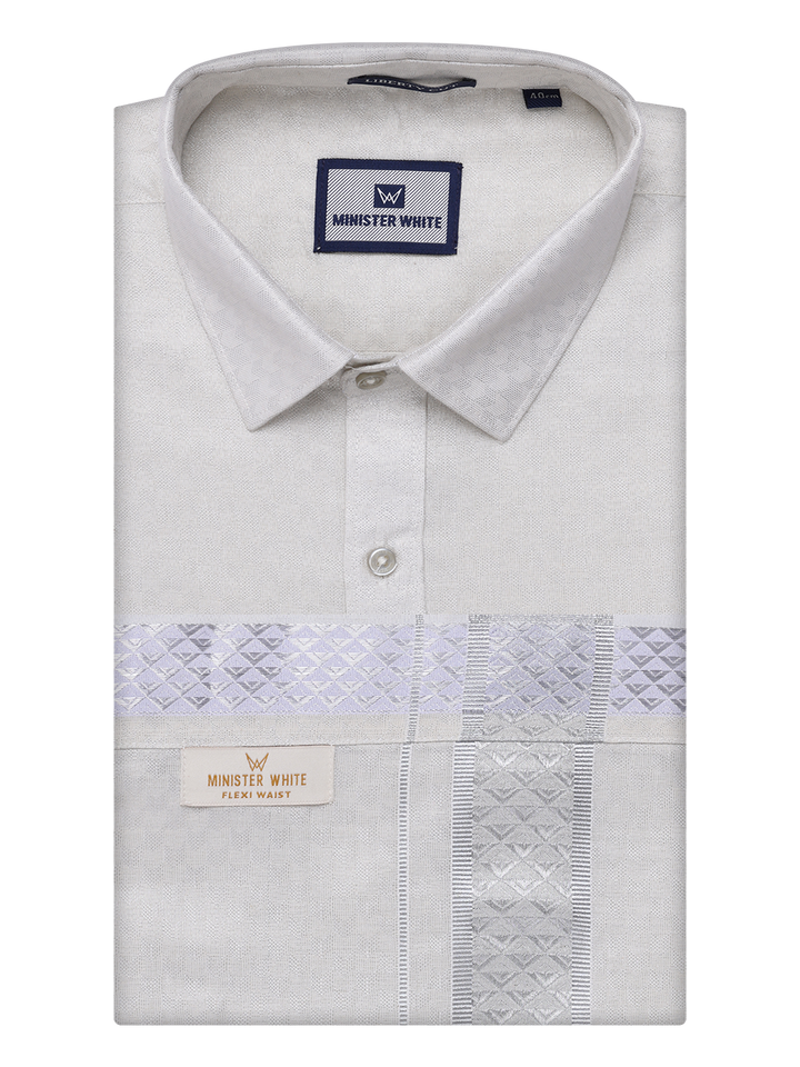 Mens Silver Colour Jacquard Shirt with Matching Flexi Dhoti Combo Zeebra by Minister White