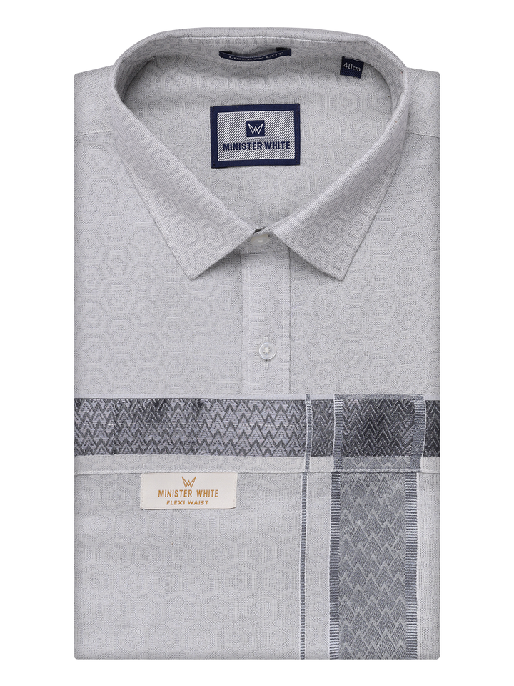 Men Grey Tissue Jacquard Shirt with Matching Flexi Dhoti Combo Zeebra