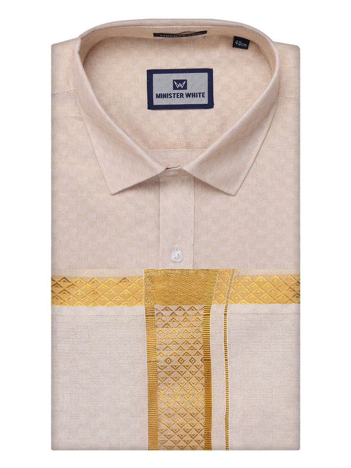 Mens Gold Tissue Jacquard Shirt with Matching Dhoti Combo Zeebra by Minister White
