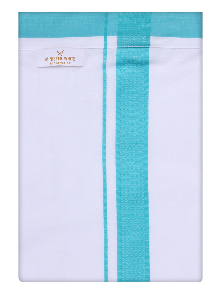 Men's Cotton White Flexi Dhoti with Light Blue Border by Minister White