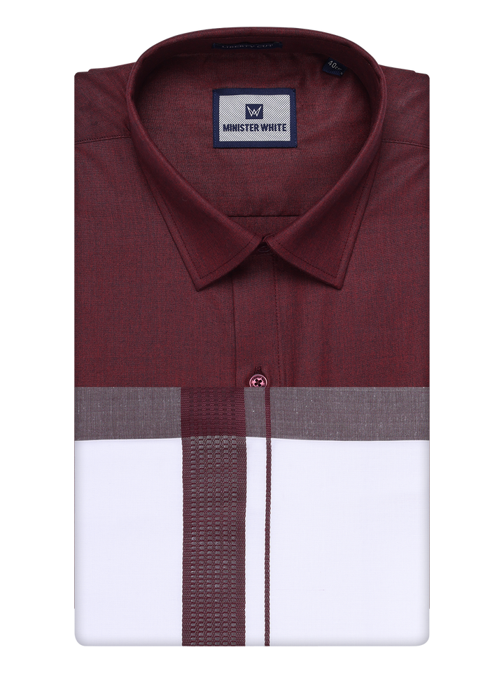 Mens Maroon Color Shirt with Matching Border Dhoti Combo Casper by Minister White