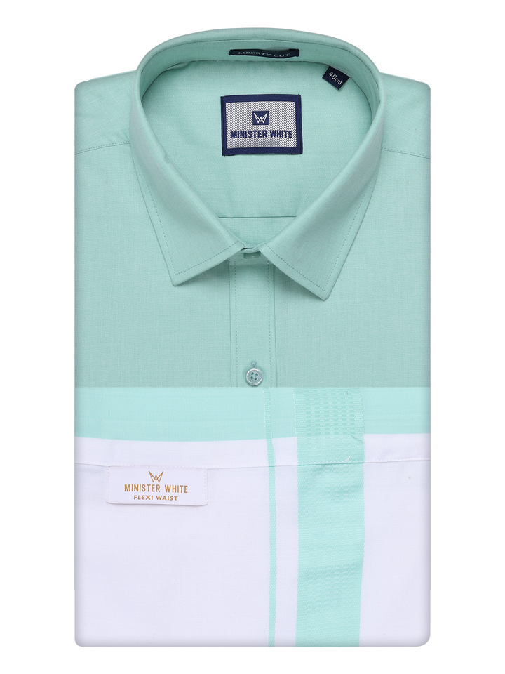 Mens See Green Shirt with Matching Border Flexi Dhoti Combo Casper Flexi by Minister White