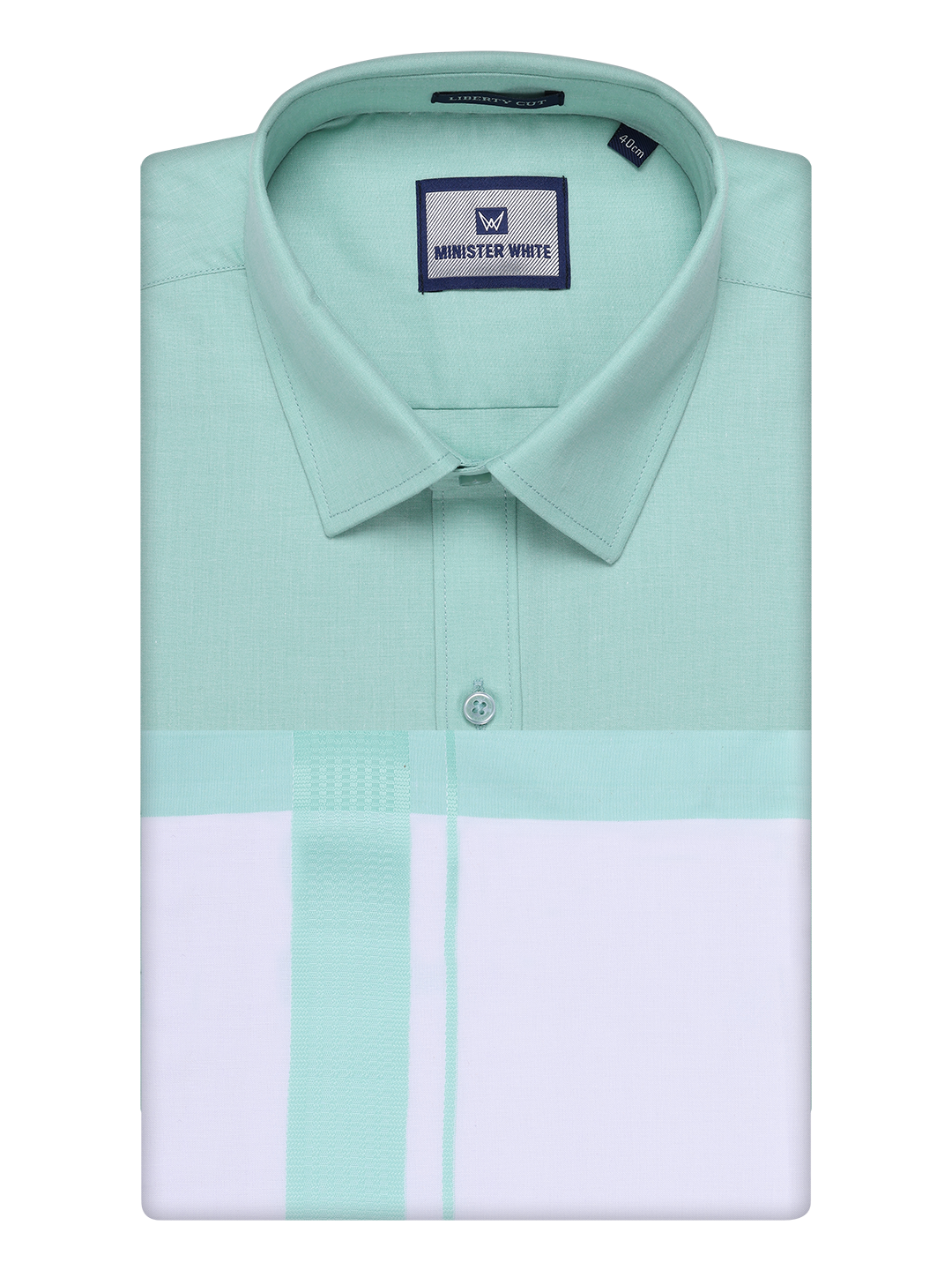 Mens Sea Green Color Shirt with Matching Border Dhoti Combo Casper by Minister White