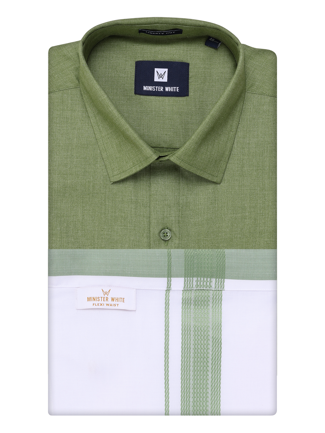 Mens Light Green Shirt with Matching Border Flexi Dhoti Combo Casper Flexi by Minister White