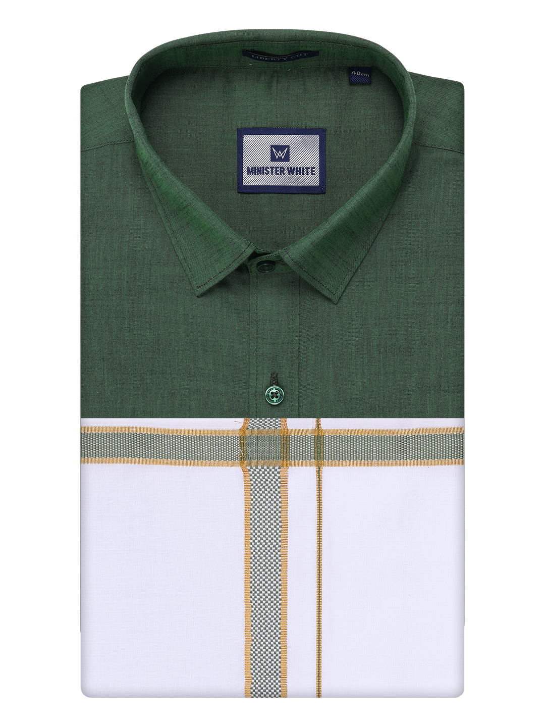 Mens Dark Green Shirt with Matching Border Dhoti Combo Pinto by Minister White