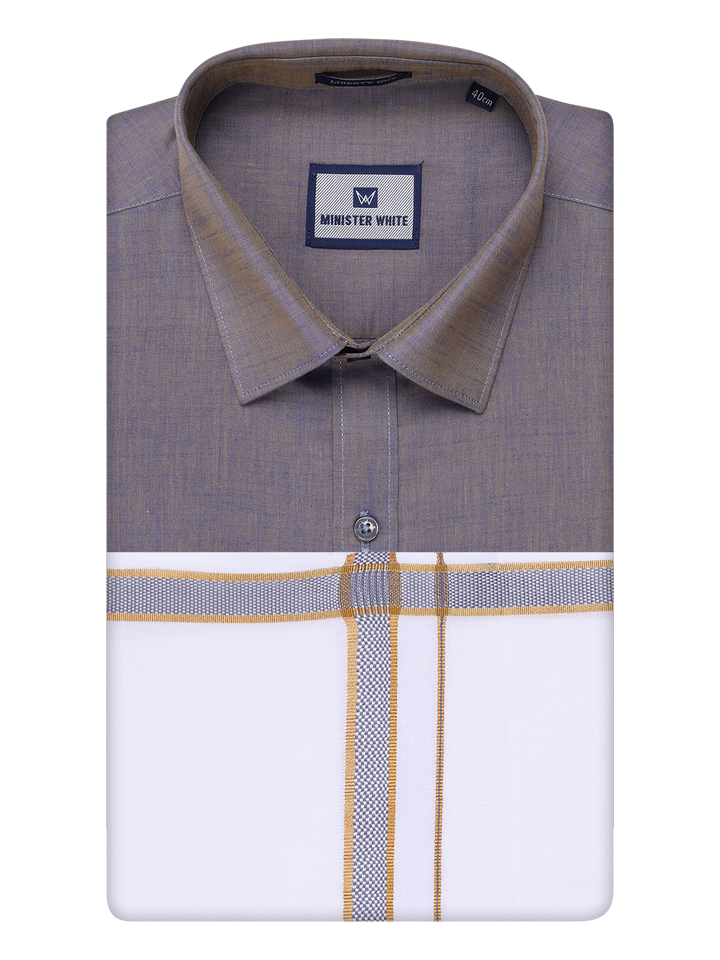 Men's Ash Grey Shirt with Matching Border Dhoti Combo Pinto by Minister White