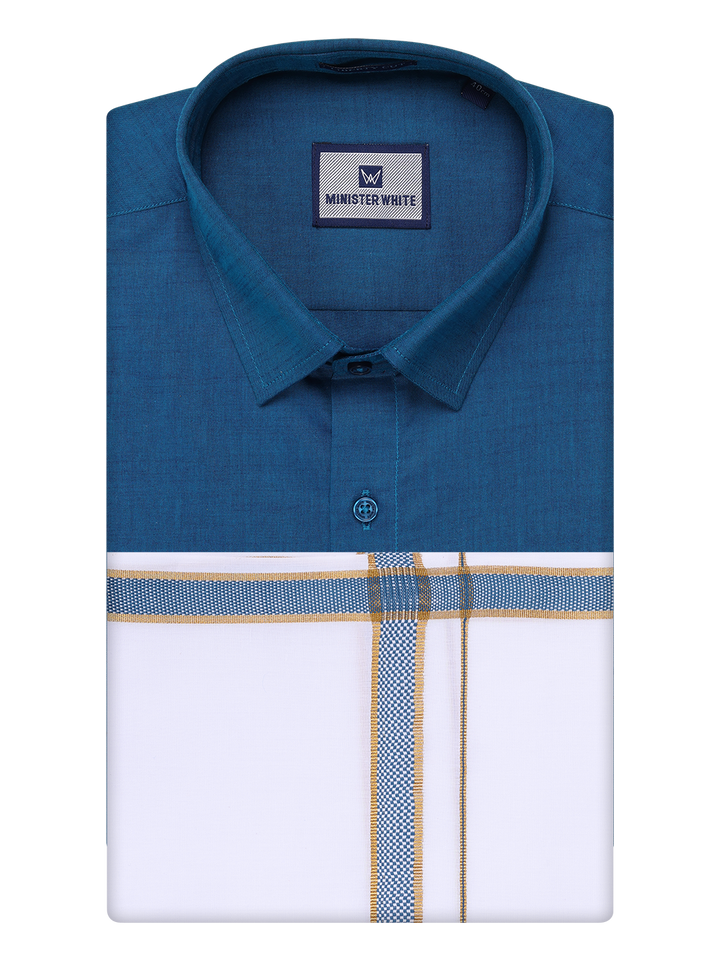Mens Peacock Shirt with Matching Border Dhoti Combo Pinto by Minister White