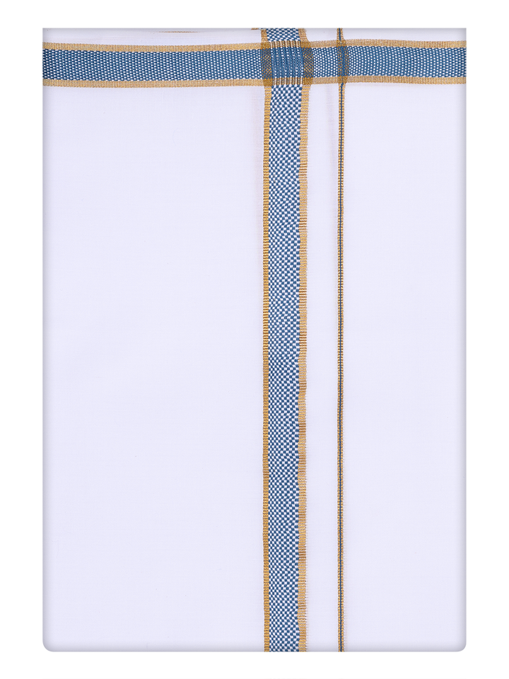 Mens Cotton White Dhoti with Peacock Color Border Dhoti by Minister White