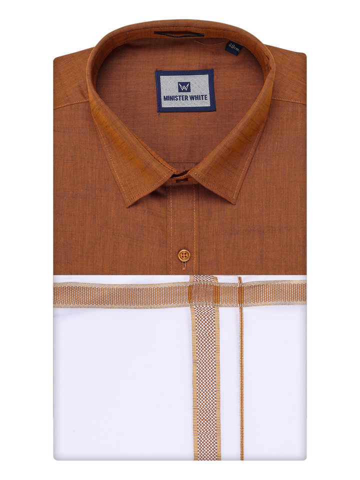 Mens Light Brown Shirt with Matching Border Dhoti Combo Pinto by Minister White