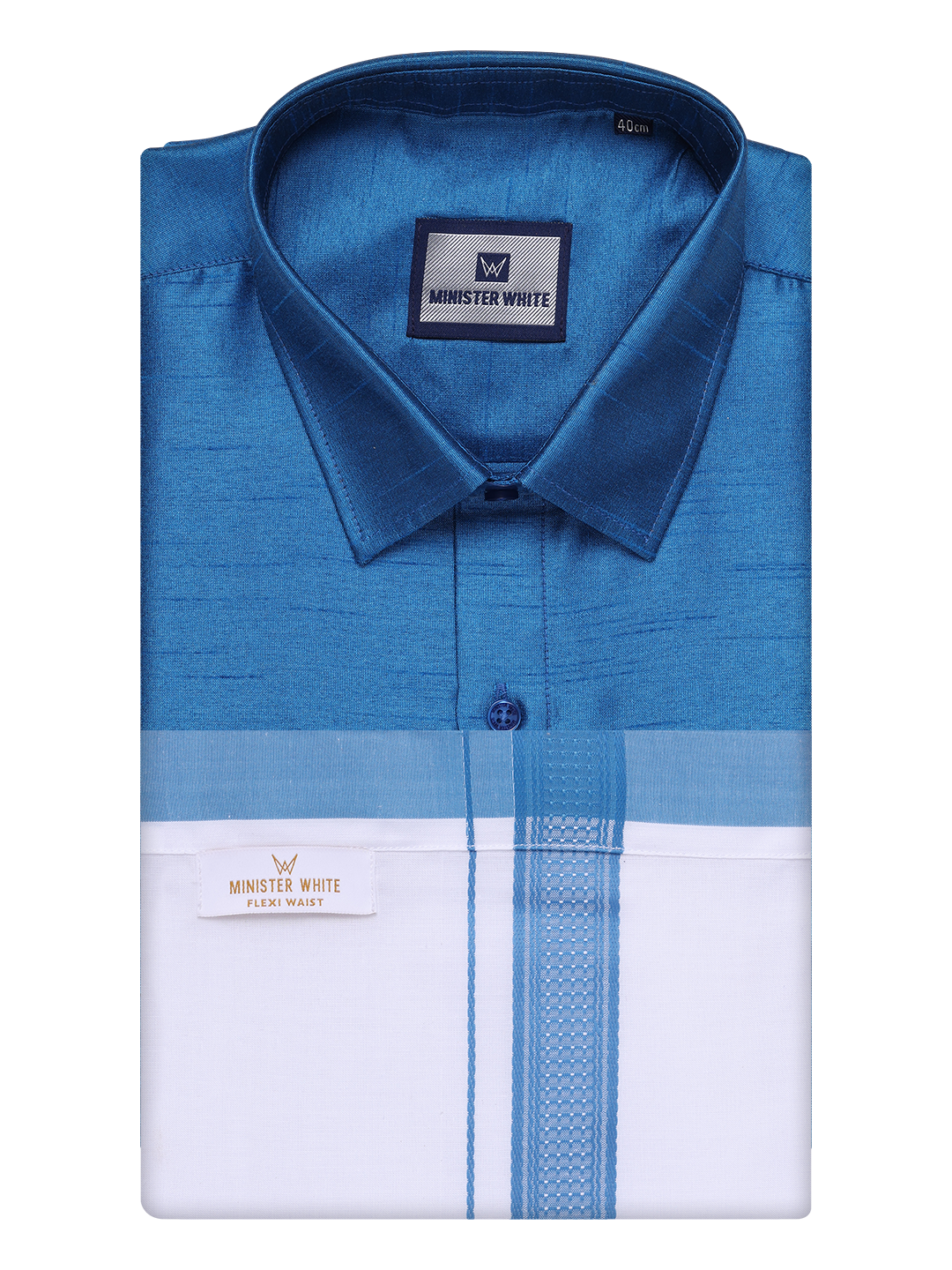 Mens Ramar Blue Dupion Satin Color Shirt with Matching Border Flexi Dhoti Combo Gora Flexi by Minister White