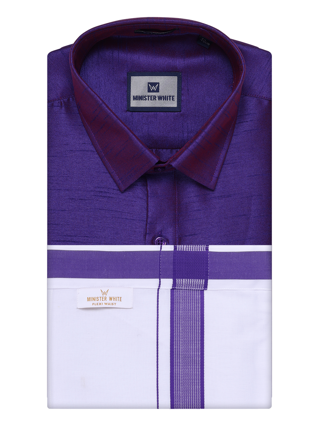 Men's Violet Dupion Satin Color Shirt with Matching Border Flexi Dhoti Combo Gora Flexi by Minister White