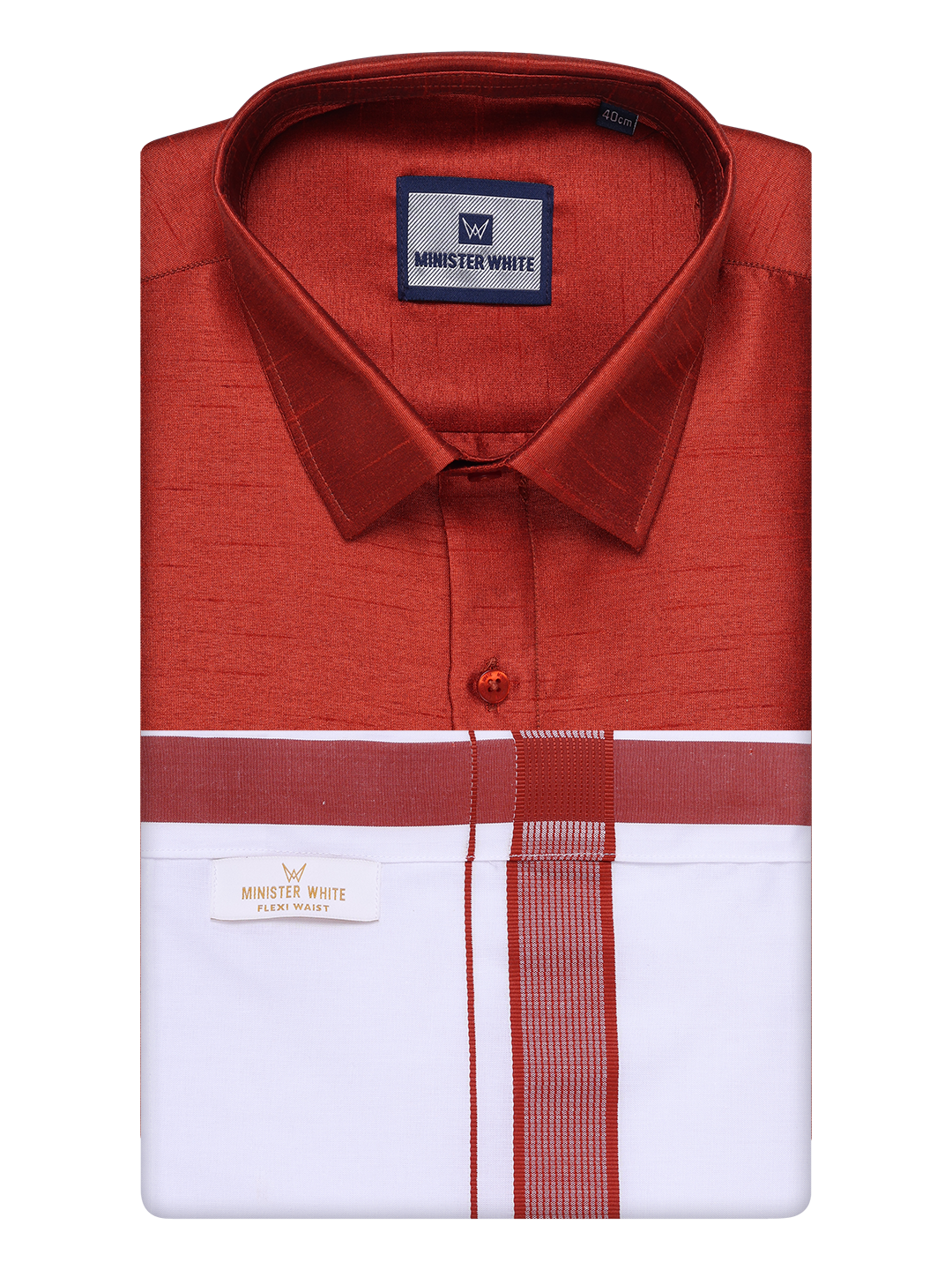 Mens Brick Red Dupion Satin Color Shirt with Matching Border Flexi Dhoti Combo Gora Flexi by Minister White