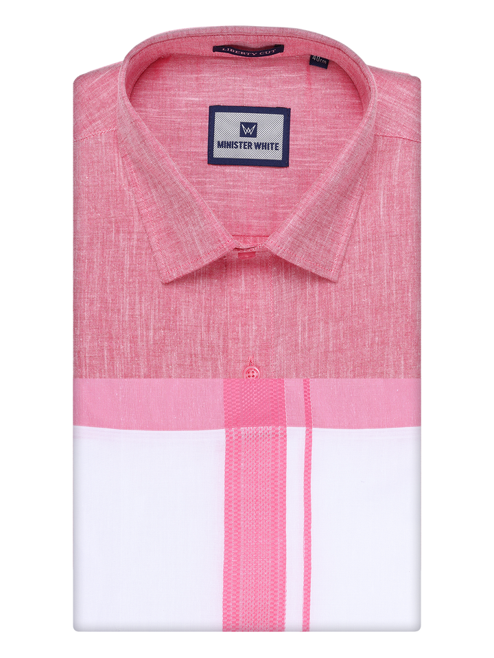 Mens Pink Colour Shirt with Matching Fancy Border Dhoti Combo Lemax by Minister White
