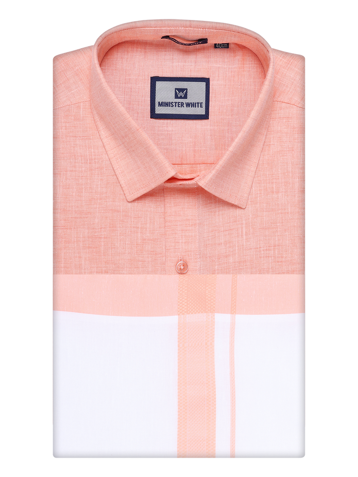 Mens Light Pink Colour Shirt with Matching Fancy Border Dhoti Combo Lemax by Minister White