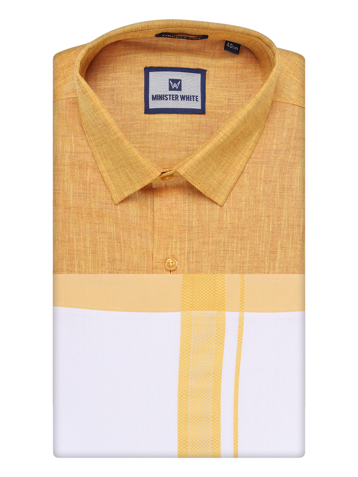 Mens Yellow Colour Shirt with Matching Fancy Border Dhoti Combo Lemax by Minister White