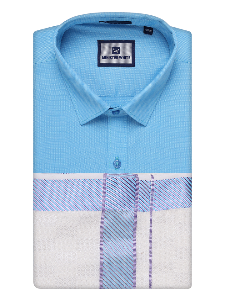 Men's Cotton Sky Blue Shirt and Airtex Matching Border Dhoti Combo Nector